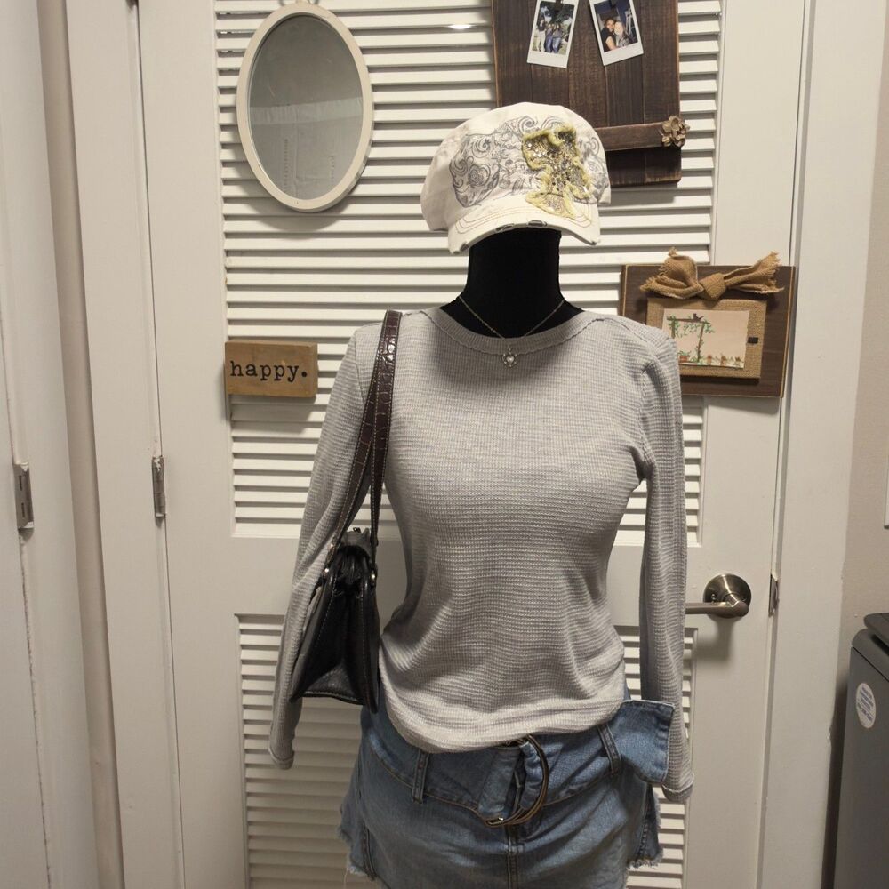 90s Minimalist Gray Free People Thermal Long Sleeve Top